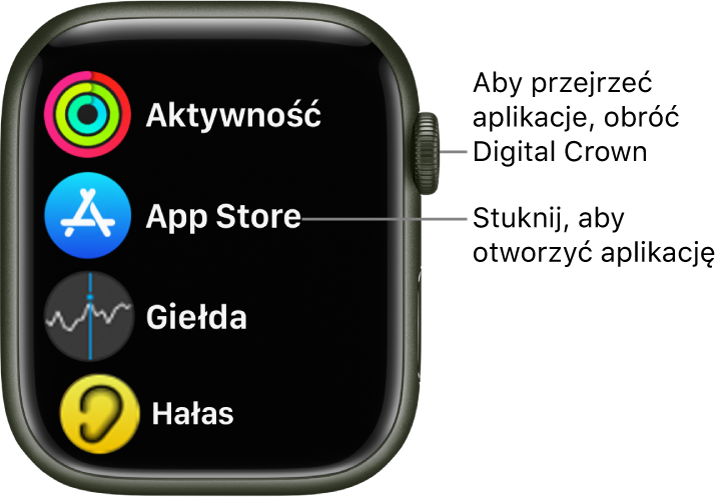 Ekran początkowy Apple Watch w widoku listy, zawierający listę aplikacji. Stuknij w daną aplikację, aby ją otworzyć. Przewiń, aby zobaczyć więcej aplikacji.