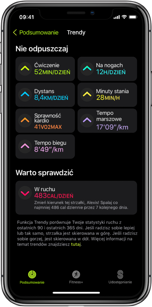 Karta Trendy w aplikacji Aktywność na iPhonie. Pod nagłówkiem Trendy (u góry ekranu) wyświetlany jest szereg wartości (między innymi Ćwiczenie, Na nogach i Dystans). Pod nagłówkiem Warto sprawdzić wyświetlana jest wartość Ruch.