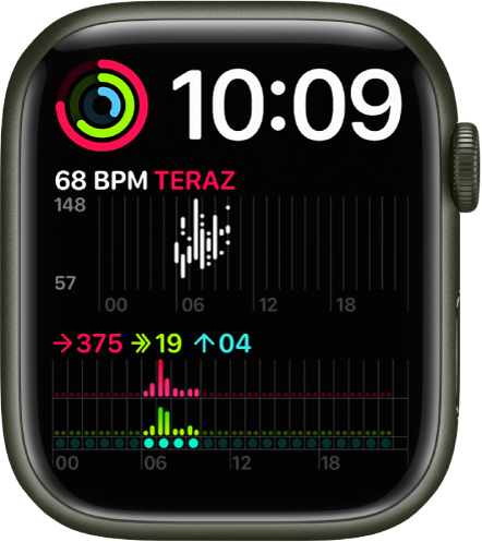 Tarcza Modułowy podwójny z zegarem cyfrowym (na górze, po prawej), komplikacją dotyczącą aktywności (na górze, po lewej), komplikacją Tętno (na środku, po lewej) oraz inną komplikacją dotyczącą aktywności (na dole).