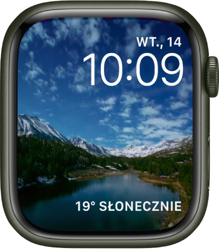 Tarcza Poklatkowy wyświetlająca wideo poklatkowe pięknej scenerii. Na dole widoczna jest komplikacja Pogoda.