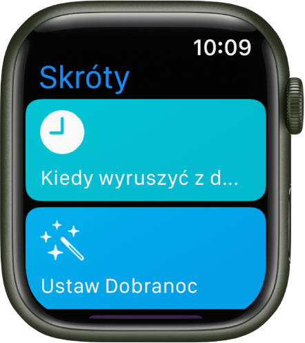 Aplikacja Skróty na Apple Watch zawierająca dwa skróty: Kiedy wyruszyć z domu oraz Ustaw Dobranoc.
