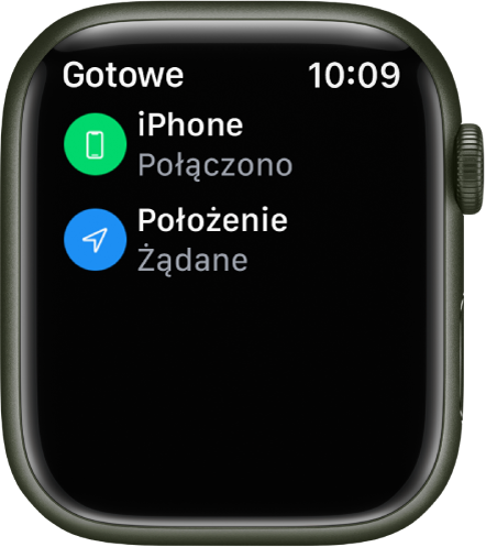 Ikony statusu informujące o tym, że zegarek ma połączenie z iPhone'em, a aplikacja prosiła o dostęp do jego położenia.