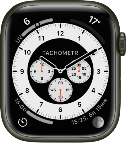 Tachometr na tarczy zegarka Chronograf Pro. Zawiera ona cztery komplikacje: Warunki pogodowe (w lewym górnym rogu), Temperatura (w prawym górnym rogu), Minutniki (w lewym dolnym rogu) oraz Księżyc (w prawym dolnym rogu).