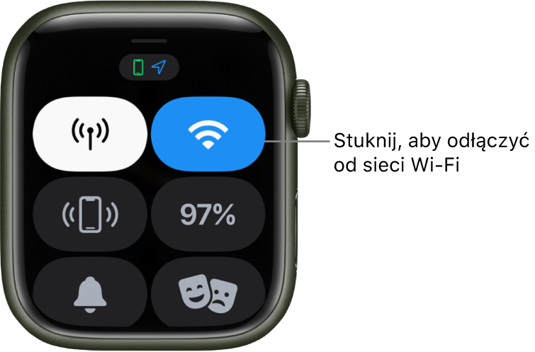 Centrum sterowania na Apple Watch (GPS + Cellular) z przyciskiem Wi‑Fi w prawym górnym rogu. Widoczny jest następujący opis: Stuknij, aby odłączyć się od sieci Wi‑Fi.