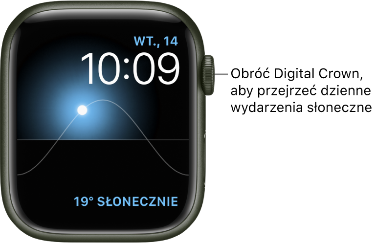 Tarcza Wykres słoneczny, wyświetlająca dzień tygodnia, datę i godzinę (elementów tych nie można zmieniać). W prawym dolnym rogu widoczna jest komplikacja Pogoda. Aby zmieniać pozycję Słońca na niebie (np. na świt, zmierzch, zenit, zachód słońca i ciemność), obracaj Digital Crown.