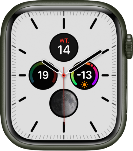 Tarcza Meridian; możesz zmieniać jej kolor oraz detale cyferblatu. Zawiera cztery komplikacje wewnątrz analogowej tarczy zegarka: Kalendarz (na górze), Indeks UV (po prawej), Faza księżyca (na dole) i Temperatura (po lewej).