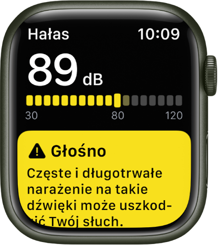 Powiadomienie o hałasie przekraczającym 89 decybeli. Poniżej wyświetlane jest ostrzeżenie o konsekwencjach długotrwałego narażenia na taki hałas.