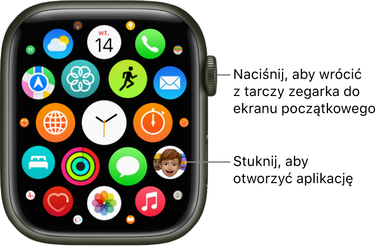 Ekran początkowy Apple Watch w widoku siatki, zawierający grupę aplikacji. Stuknij w daną aplikację, aby ją otworzyć. Przeciągnij, aby zobaczyć więcej aplikacji.