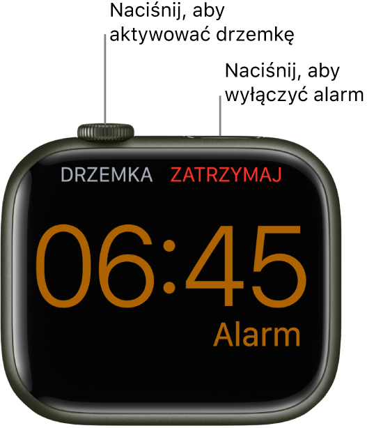 Apple Watch ustawiony na boku. Jego ekran wyświetla włączony alarm. Poniżej Digital Crown znajduje się etykieta „drzemka”. Poniżej przycisku bocznego widoczna jest etykieta „stop”.