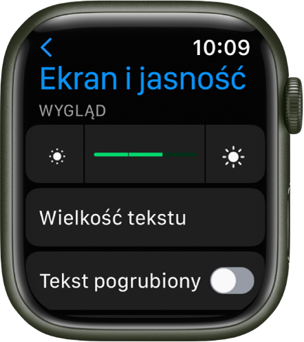 Ustawienia ekranu i jasności na Apple Watch. Na górze widoczny jest suwak Jasność, a pod nim przycisk Wielkość tekstu.