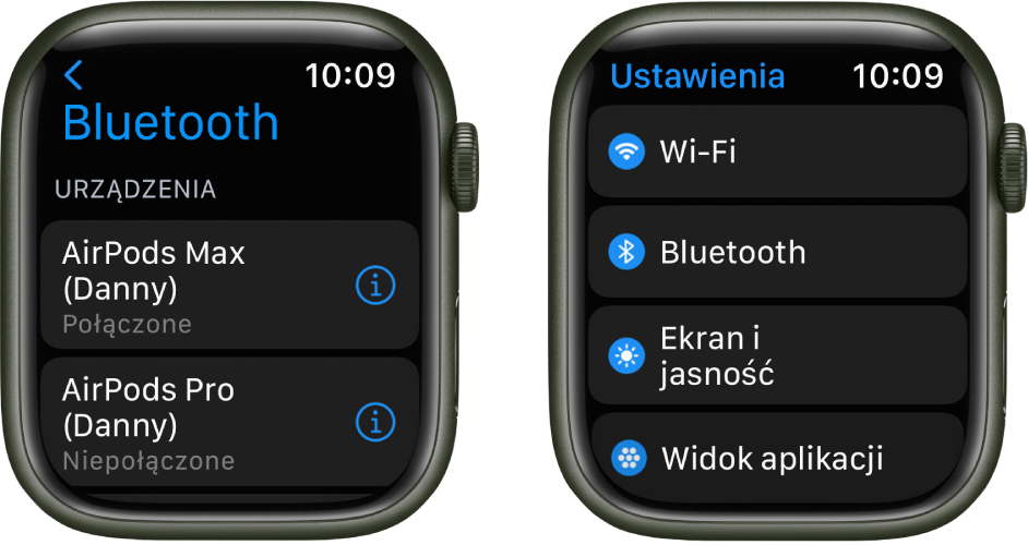 Dwa ekrany obok siebie. Po lewej stronie znajduje się ekran z dwoma dostępnymi urządzeniami Bluetooth: słuchawkami AirPods Max (które są połączone) oraz słuchawkami AirPods Pro (które nie są połączone). Po prawej stronie znajduje się ekran Ustawienia. Widoczna jest na nim lista przycisków: Wi‑Fi, Bluetooth, Ekran i Jasność oraz Widok aplikacji.