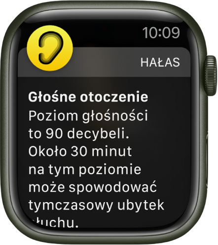 Apple Watch wyświetlający powiadomienie dotyczące poziomu hałasu. Ikona aplikacji powiązanej z powiadomieniem pojawia się w lewym górnym rogu. Możesz w nią stuknąć, aby otworzyć daną aplikację.