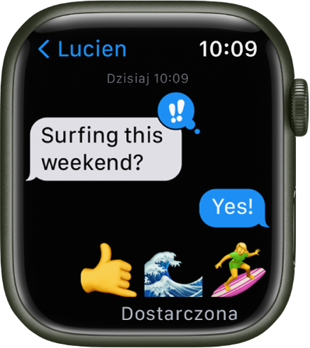 Apple Watch wyświetlający rozmowę w aplikacji Wiadomości.