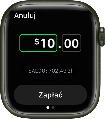 Ekran aplikacji Wiadomości przedstawiający przygotowaną płatność Apple Cash. U góry znajduje się kwota i symbol waluty. Poniżej znajduje się aktualne saldo, a na dole widoczny jest przycisk Zapłać.
