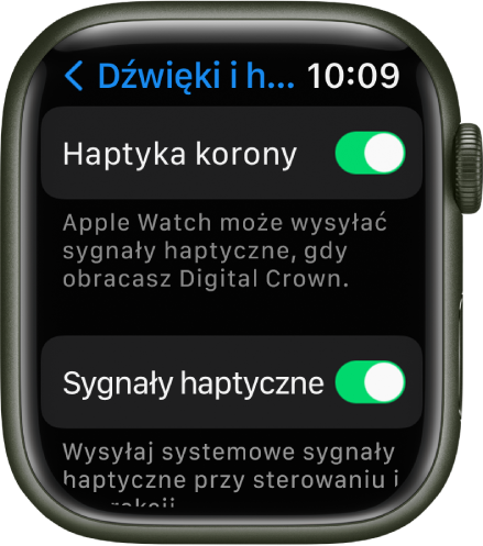 Ekran Haptyka korony, na którym widoczny jest włączony przełącznik Haptyka korony. Pod nim wyświetlany jest przełącznik Sygnały haptyczne.