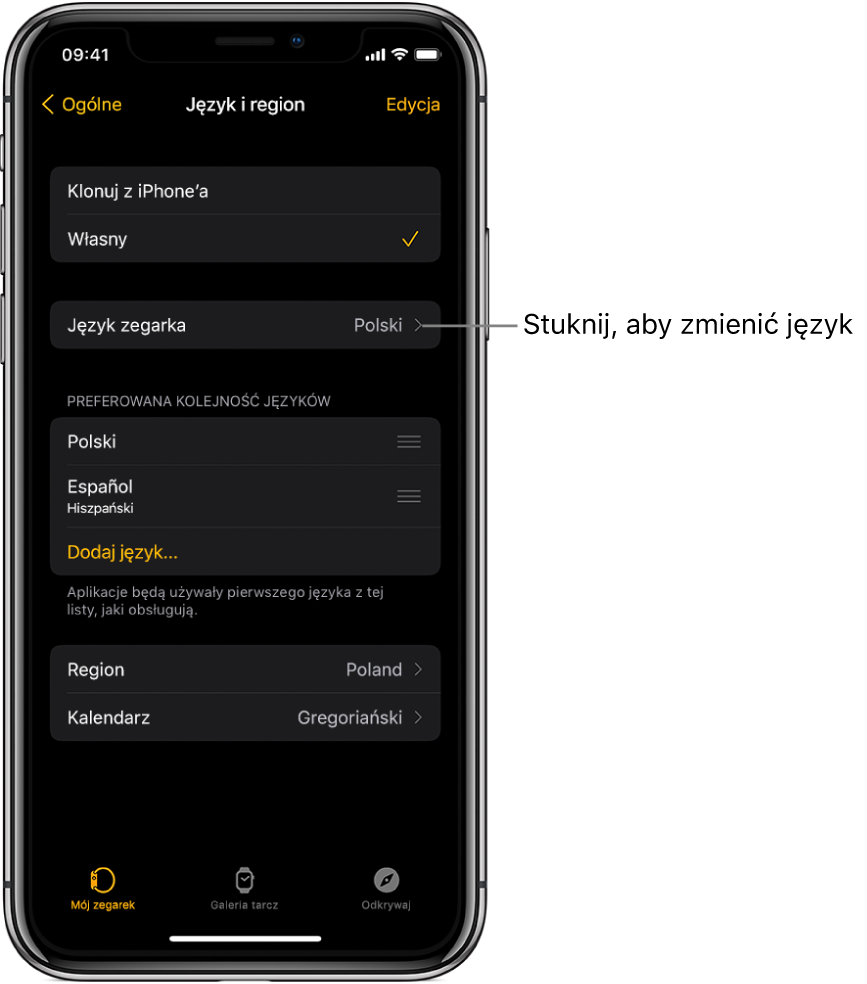 Ekran Język i region w aplikacji Watch, na górze ekranu widoczne jest ustawienie języka zegarka.