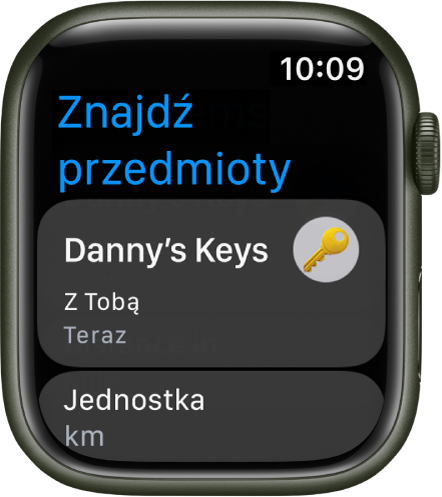 Aplikacja Znajdź przedmioty wskazująca, że masz AirTaga przyczepionego do pęku kluczy ze sobą. Poniżej znajduje się przycisk Jednostka.
