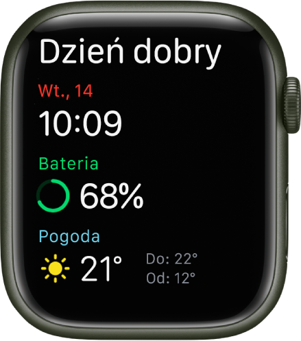 Apple Watch wyświetlający ekran pobudki. Na górze widoczny jest napis Dzień dobry. Poniżej wyświetlana jest data, godzina, procent naładowania baterii oraz pogoda.