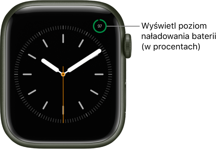 Tarcza zegarka wyświetlająca w prawym górnym rogu komplikację pokazującą użycie baterii.