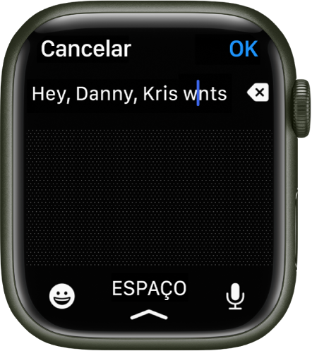 Tela de entrada de texto com o cursor entre duas letras em uma palavra com erro ortográfico. O botão Apagar está à direita do texto. Os botões Emoji, Espaço e Ditado estão na parte inferior.