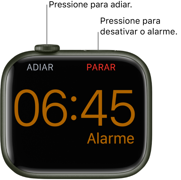 Apple Watch posicionado de lado, com a tela mostrando um alarme acionado. Abaixo da Digital Crown, lê-se “Adiar”. A palavra “Parar” aparece abaixo do botão lateral.