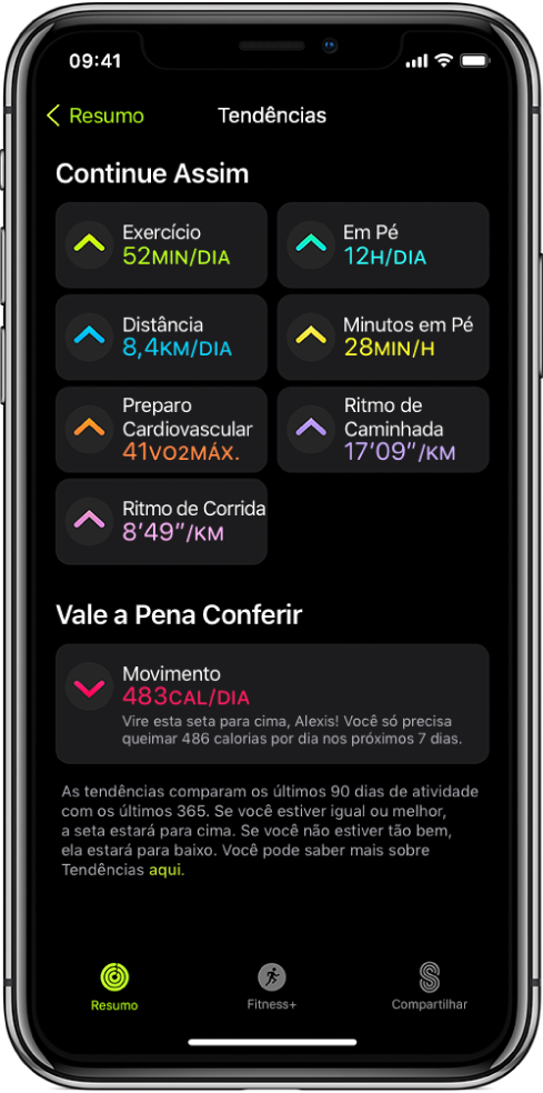 A aba Tendências do app Preparo Físico no iPhone. Várias métricas aparecem abaixo do cabeçalho Tendências, na parte superior da tela. As métricas incluem Exercício, Ficar em Pé, Distância, dentre outras. Movimento aparece no cabeçalho “Vale a pena dar uma olhada”.