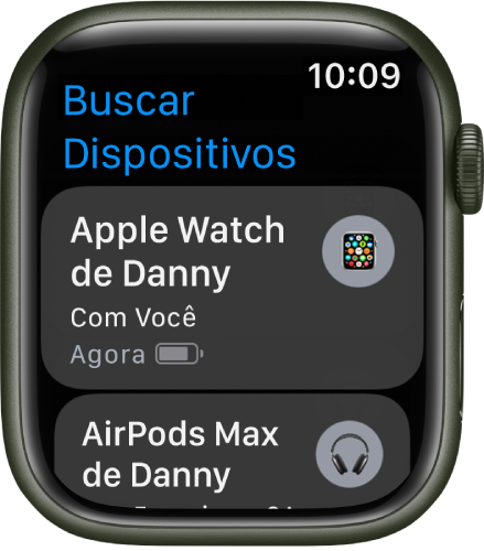 O app Buscar Dispositivos mostrando dois dispositivos: Apple Watch e AirPods.