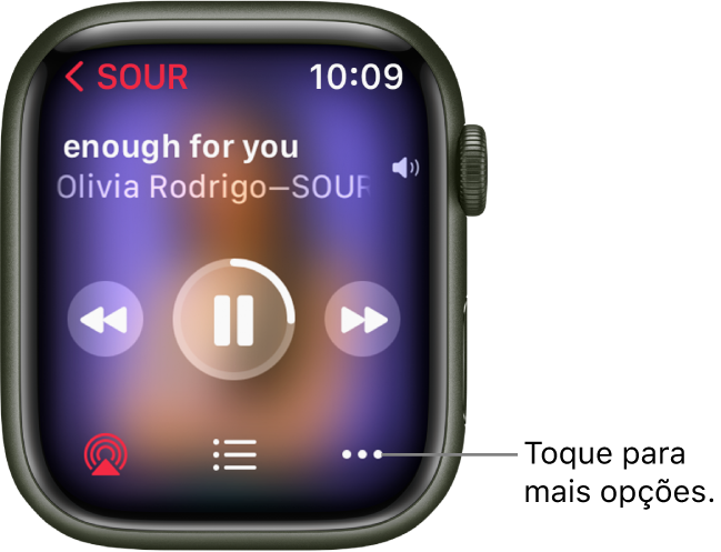 A tela Reproduzindo no app Música. O nome do álbum encontra-se no canto superior esquerdo. O título da música e o nome do artista aparecem na parte superior, os controles de reprodução estão no meio, e o AirPlay, a lista de faixas e o botão Opções estão na parte inferior.