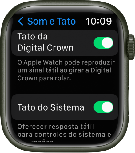 A tela Tato mostrando o botão Crown Haptics ativado. O controle “Tato do Sistema” está abaixo.