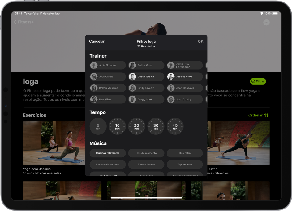 Um iPad mostrando opções de filtragem para exercícios de ioga no Fitness+.