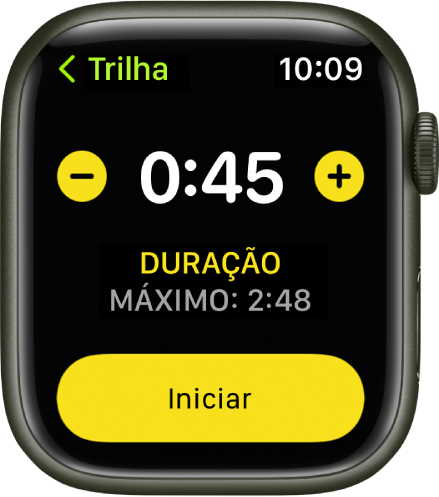 Tela de meta mostrando a hora perto da parte superior, com botões – e + nas laterais e o botão Iniciar na parte inferior.