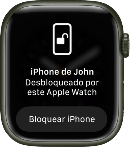 Tela do Apple Watch mostrando as palavras “iPhone de João desbloqueado por este Apple Watch”. O botão Bloquear iPhone está abaixo.