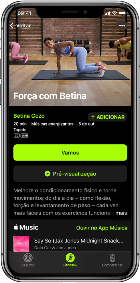 Tela de um exercício de força mostrando o botão Let's Go (Vamos), o botão Preview (Pré-visualizar), uma descrição do exercício e a playlist do exercício.