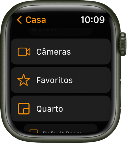 App Casa mostrando uma lista que contém botões para Câmeras, Favoritos e cômodos.