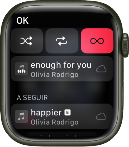 A janela com a lista de faixas mostrando os botões Aleatório, Repetir e Reprodução Automática na parte superior e uma faixa diretamente abaixo. Próximo à parte inferior, outra faixa aparece abaixo de A Seguir. O botão OK encontra-se na parte superior esquerda.