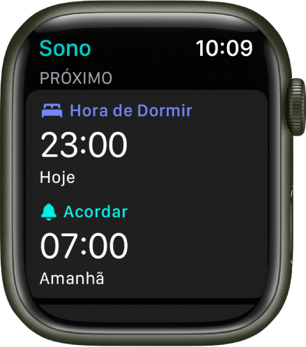 App Sono no Apple Watch mostrando os horários de sono da noite. Hora de Dormir aparece na parte superior e Hora de Acordar está abaixo.