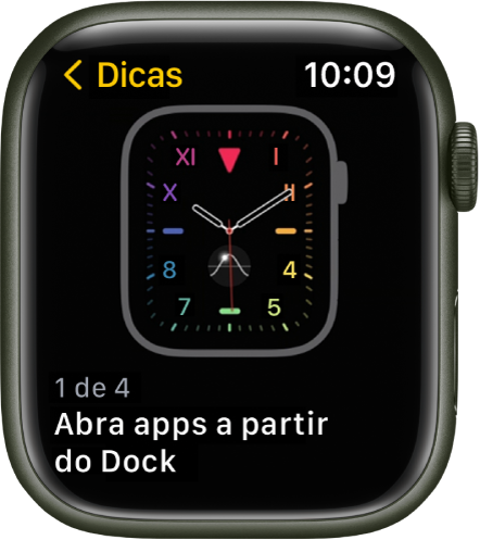 App Dicas mostrando uma dica do Apple Watch.