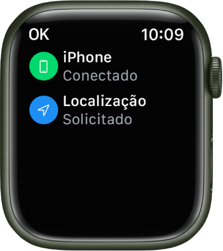 Detalhes de estado mostrando que o iPhone está conectado e a localização do Apple Watch foi solicitada.
