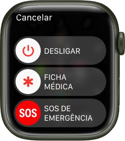 Tela do Apple Watch mostrando três controles: Desligar, Ficha Médica e SOS de Emergência. Arraste o controle deslizante Desligar para desligar o Apple Watch.