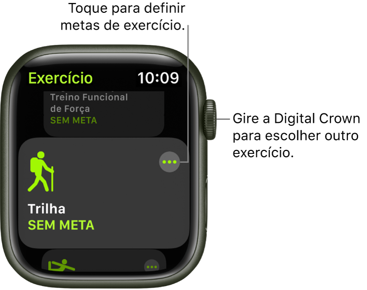 A tela Exercício com o exercício Trilha destacado. O botão Mais encontra-se na parte superior direita. Uma parte do exercício “Caminhada ao Ar Livre” exibida abaixo.