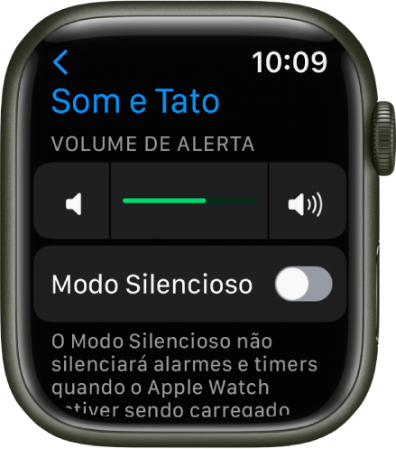 Ajustes de “Som e Tato” no Apple Watch, com o controle de “Volume de Alerta” na parte superior e o controle do Modo Silencioso abaixo.