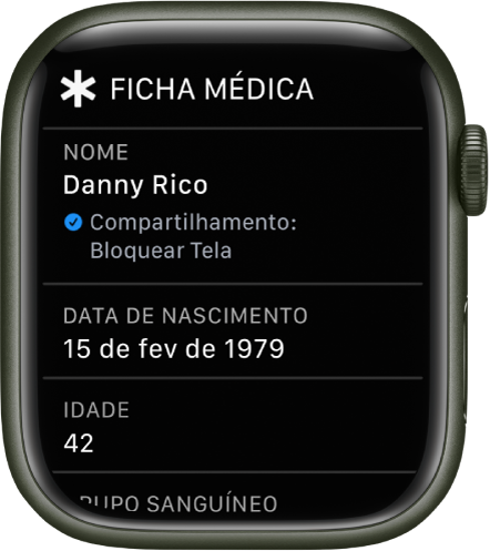 A tela Ficha Médica mostrando nome, data de nascimento e idade do usuário.