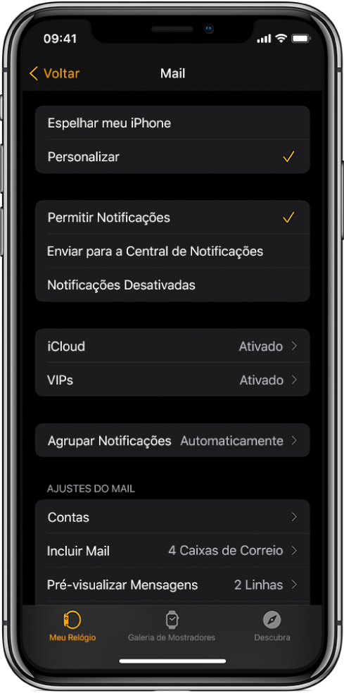 Ajustes do Mail no app Apple Watch mostrando os ajustes de notificações e contas de e‑mail.