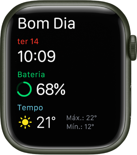 Apple Watch mostrando a tela da hora de acordar. Bom Dia aparece escrito na parte superior. A data, hora, porcentagem de bateria e tempo estão abaixo.