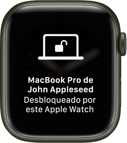 Tela do Apple Watch mostrando a mensagem “iMac Pro de Jaime Silveira desbloqueado por este Apple Watch”.