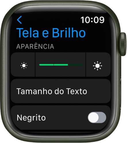 Ajustes de Tela e Brilho no Apple Watch, com o controle deslizante de Brilho na parte superior e o botão Tamanho do Texto abaixo.