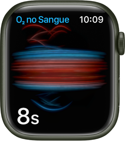 Tela do app Oxigênio no Sangue fazendo uma medição; contando regressivamente a partir de 8 segundos.
