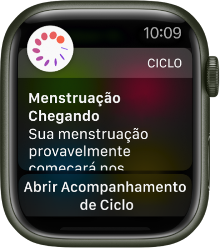 Apple Watch mostrando uma tela de previsão de ciclo que diz “Próxima menstruação. Sua menstruação provavelmente começará nos próximos 8 dias”. O botão “Abrir Acompanhamento de Ciclo” aparece na parte inferior.