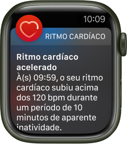 O ecrã de Ritmo cardíaco elevado, com uma notificação de que o seu ritmo cardíaco ultrapassou as 120 BPM, apesar de ter permanecido inativo durante 10 minutos.