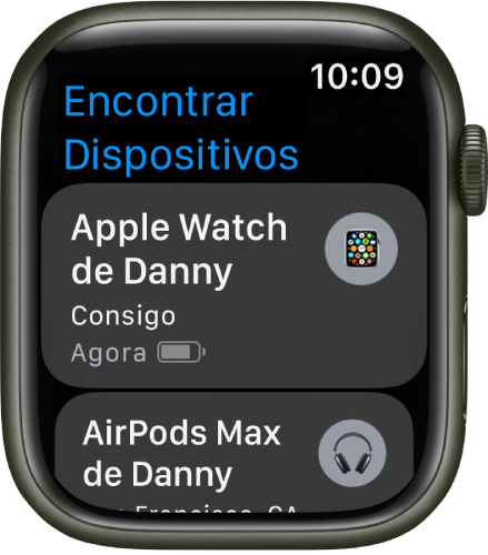 A aplicação Encontrar Dispositivos a mostrar dois dispositivos, um Apple Watch e AirPods.